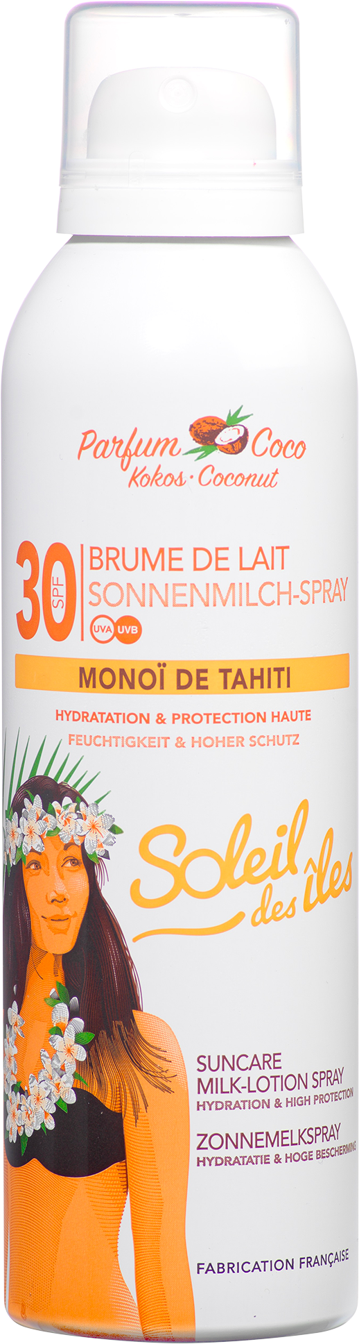 White Soleil des Îles aerosol can with clear cap, SPF 30 coconut milk mist with Monoï de Tahiti, front view