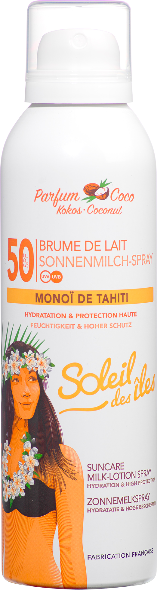 Aérosol blanc à capuchon transparent Soleil des Îles, Brume de lait coco FPS 50 au Monoï de Tahiti, vu de face