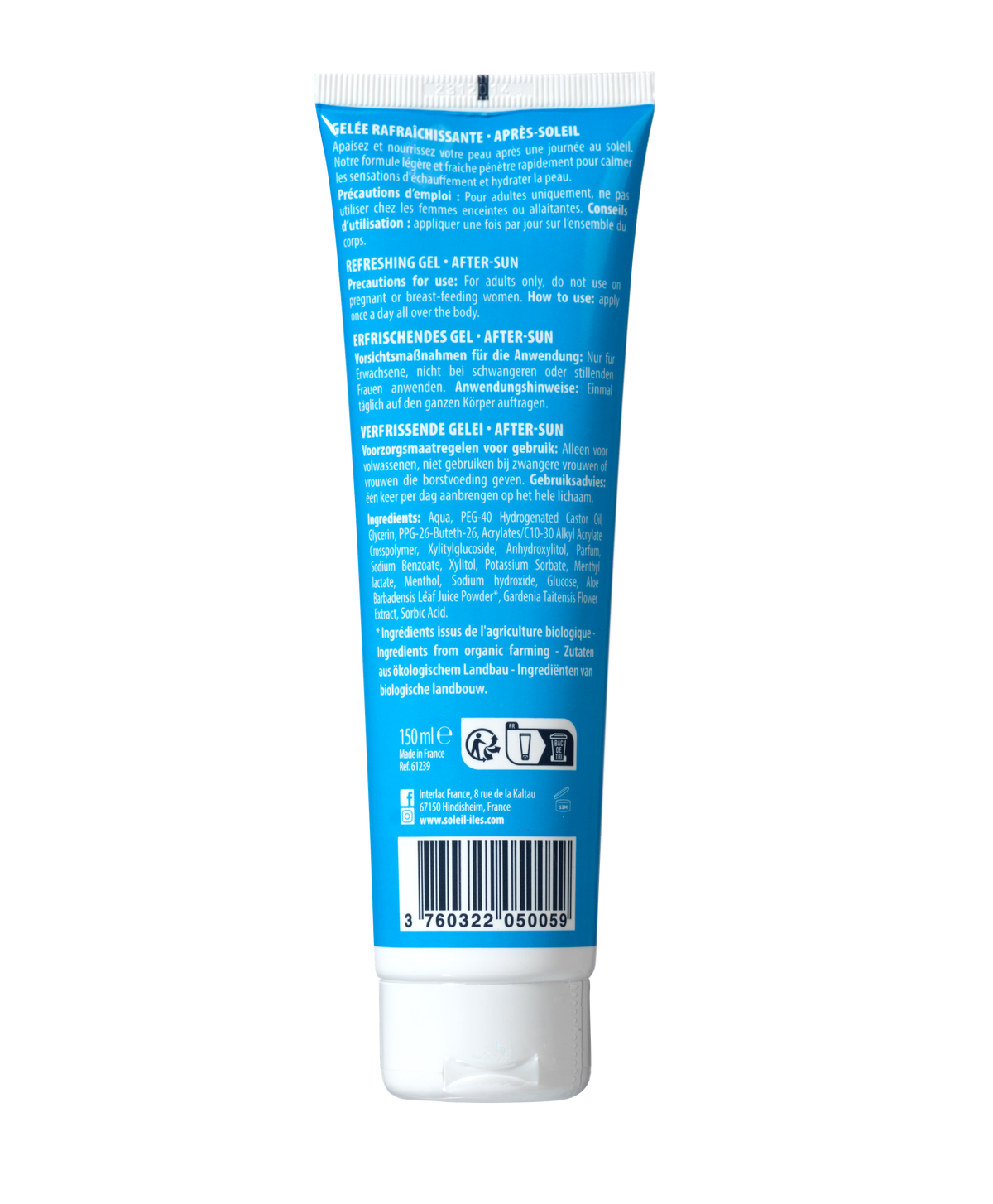 Back of the blue Soleil des Îles refreshing after-sun gel tube: directions in four languages, ingredients and barcode
