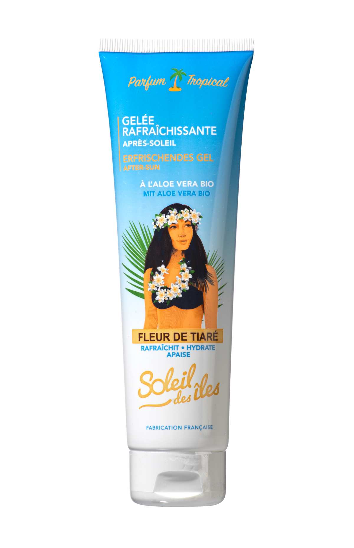 Blue Soleil des Îles tube, refreshing after-sun gel with organic aloe vera, front view on a white background
