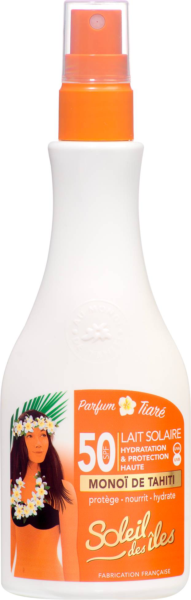 White Soleil des Îles bottle with orange spray pump, SPF 50 sun milk with Monoï de Tahiti, front view
