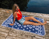 Reversible navy blue and white cotton beach Turkish towel with ethnic/aztec designs and fringes